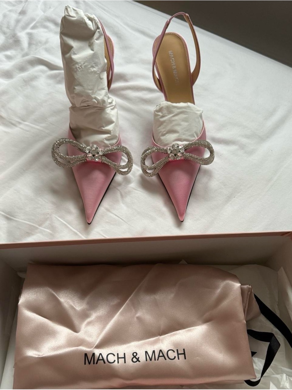 MACH & MACH Pink Crystal Bow Slingback Heels - Picture 3 of 7